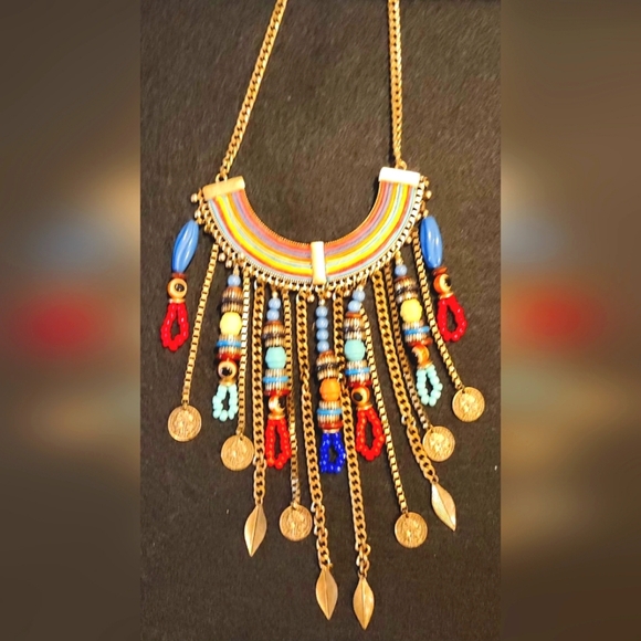 Aldo Jewelry - Aldo Statement Necklace Ethnic Beaded Dangles Gold Tone Curb Chain Bib 26"